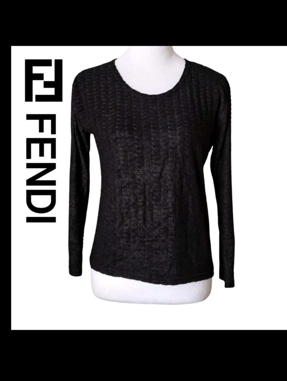 Vintage Fendi Women’s Black Textured Knit Lightweight Scoop Neck Sweater S